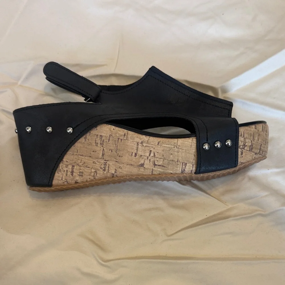 Black Wedge Sandals with Cork Platform - Women